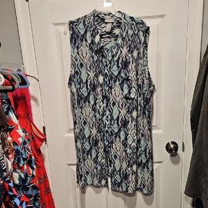 Catherines Blue and White Sleeveless Button Down Shirt